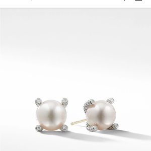 Cable Pearl Stud Earrings in Sterling Silver with Diamonds